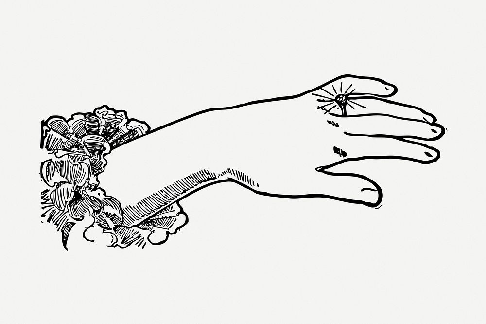 Hand showing engagement ring drawing, vintage wedding illustration psd. Free public domain CC0 image.