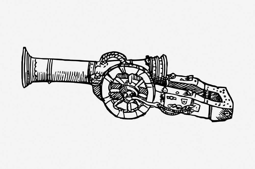 Cannon drawing, medieval weapon illustration psd. Free public domain CC0 image.