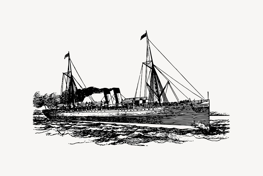 Steamship collage element, Industrial era illustration vector. Free public domain CC0 image.