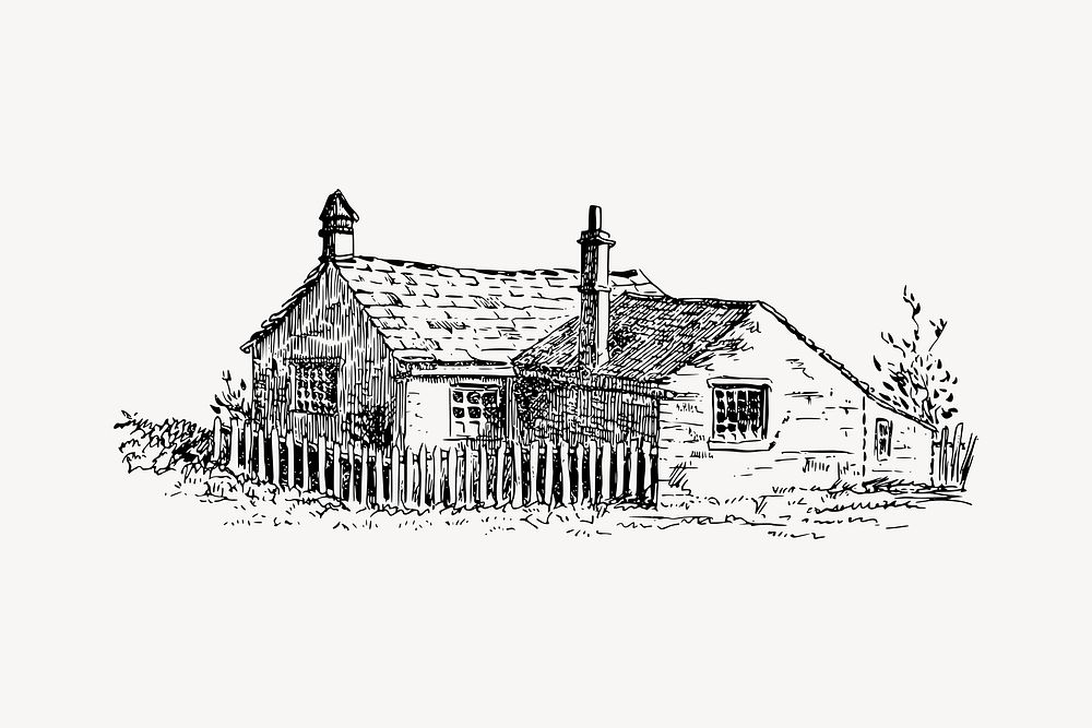 Vintage cottage drawing, countryside building illustration vector. Free public domain CC0 image.