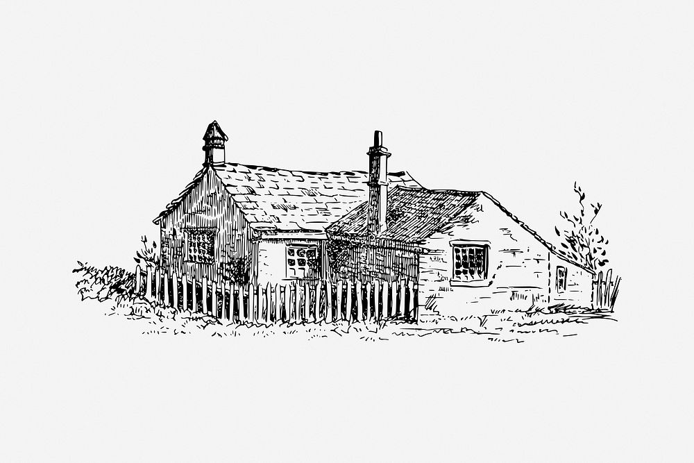 Vintage cottage, countryside building illustration. Free public domain CC0 image.