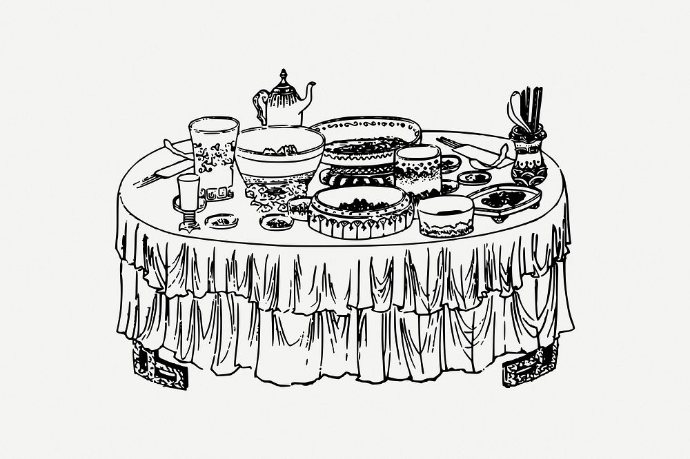 Dining food drawing, vintage dinner illustration psd. Free public domain CC0 image.