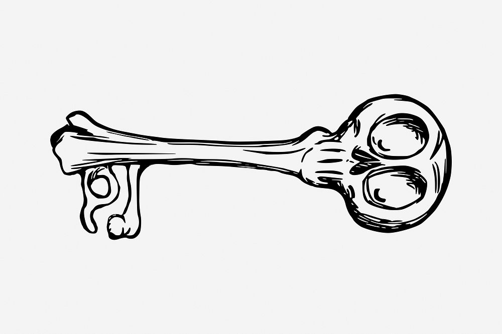 Skeleton key object black and white illustration clipart. Free public domain CC0 image