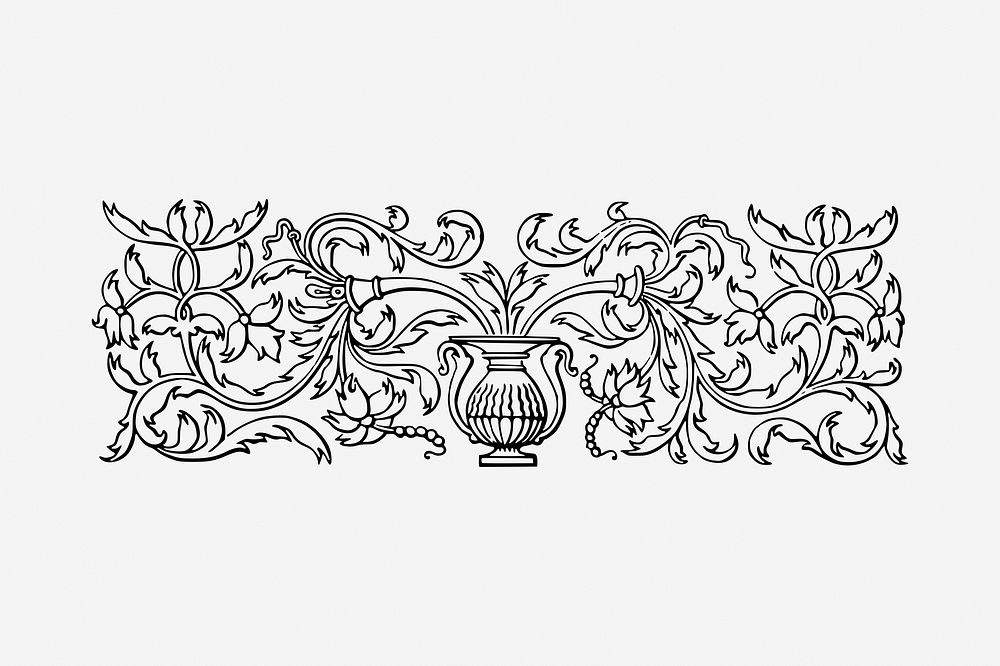 Decorative botanical divider black and white illustration clipart. Free public domain CC0 image