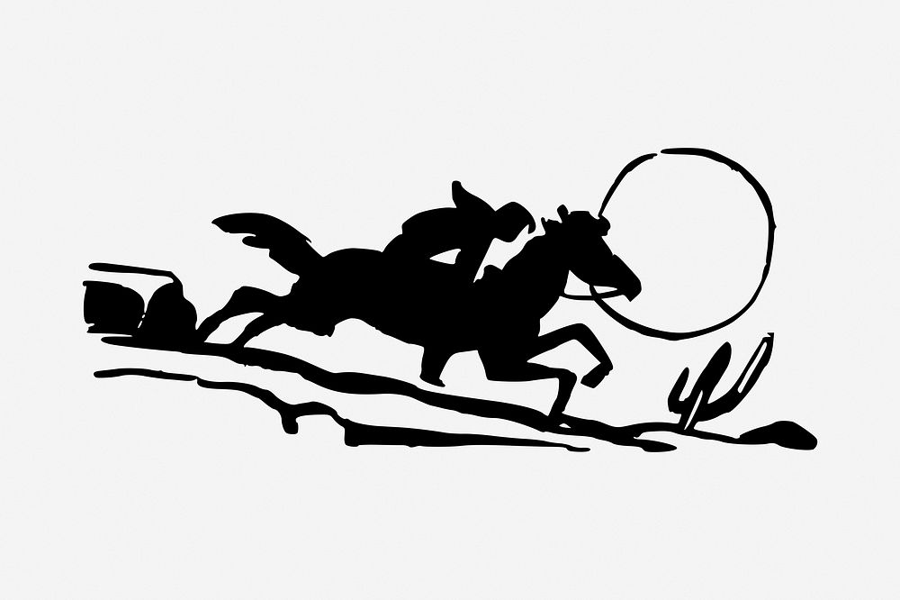 Cowboy silhouette black and white illustration clipart. Free public domain CC0 image