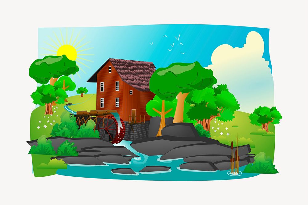 Watermill landscape clipart, environment illustration. Free public domain CC0 image.