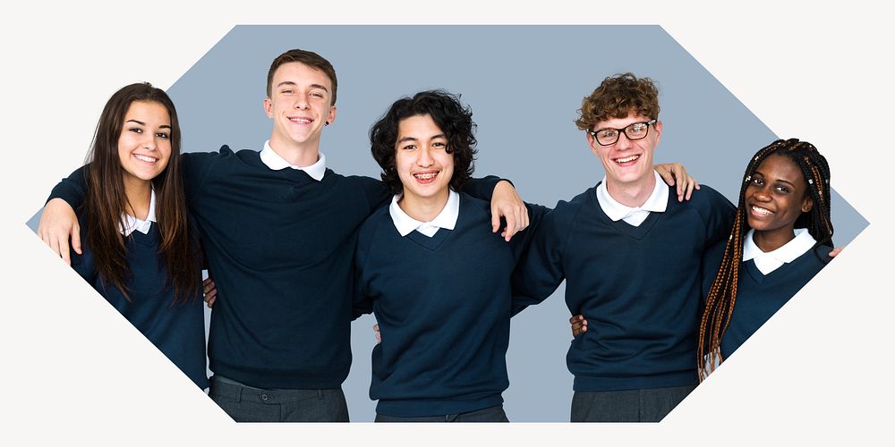 Teenage students hexagon shape badge, education photo