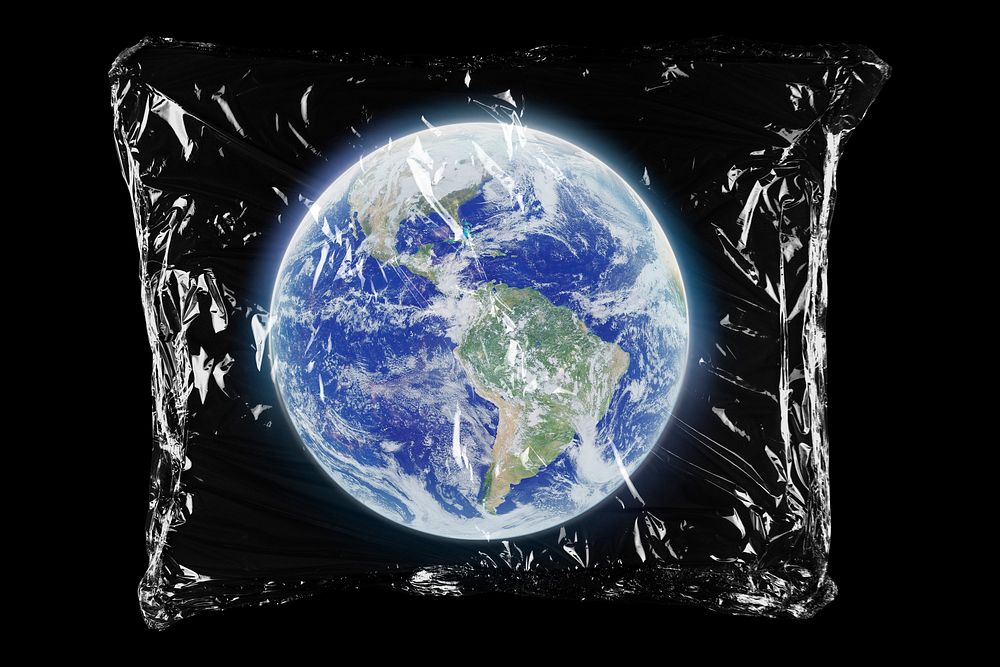 Globe surface in plastic bag, environment creative concept art