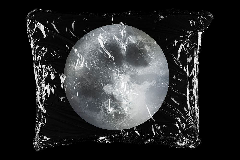 Moon planet in plastic bag, galaxy creative concept art