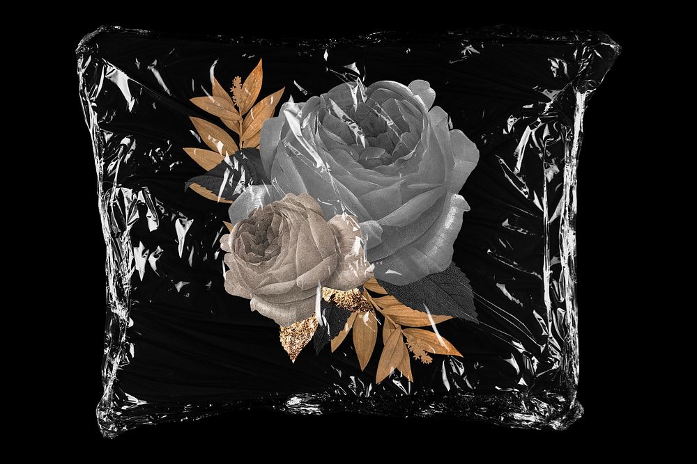 Black rose flowers in plastic bag, Winter creative concept art