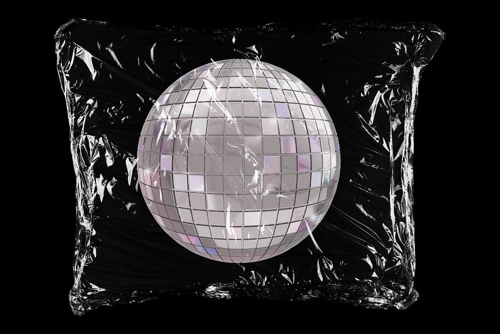 Silver disco ball in plastic bag, party decoration creative concept art