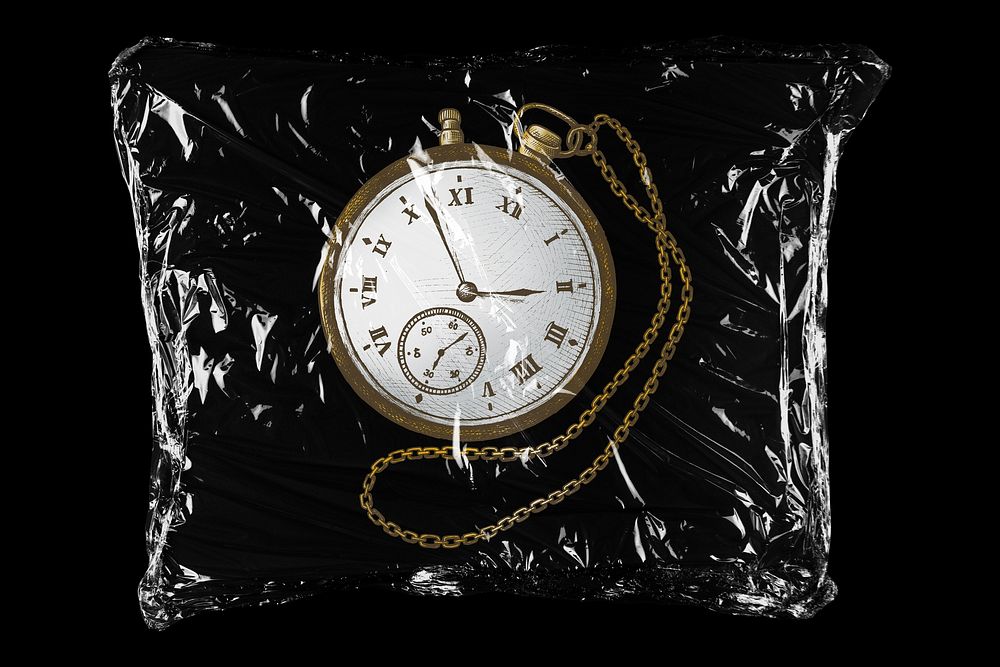 Pocket watch in plastic bag, time, punctuality creative concept art