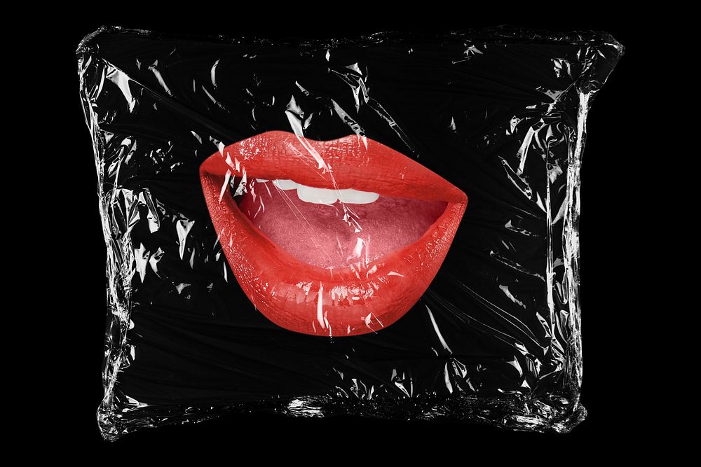 Woman's red lips in plastic bag, gossip creative concept art