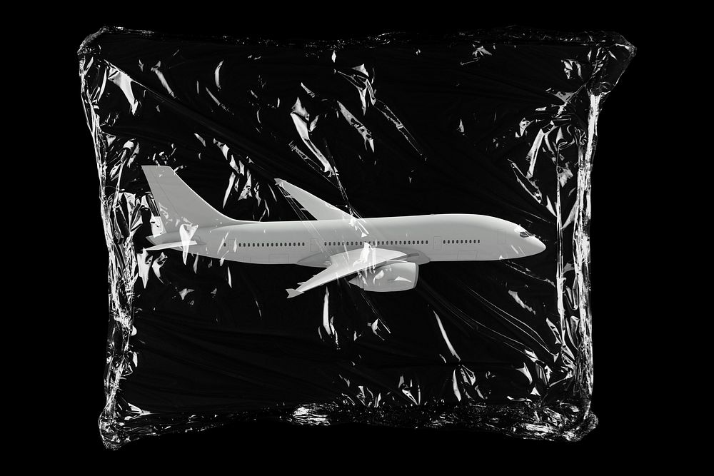 Flying airplane in plastic bag, travel, transportation, aviation creative concept art