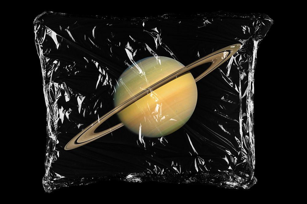 Saturn planet in plastic bag, galaxy creative concept art
