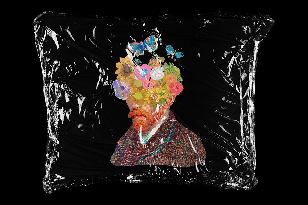 Vincent van Gogh surreal floral portrait in plastic bag, aesthetic creative concept art remixed by rawpixel.