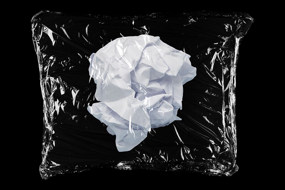 Crumpled paper in plastic bag, writer's block creative concept art