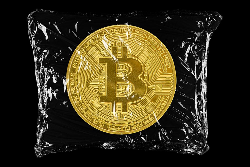 Bitcoin icon in plastic bag, cryptocurrency creative concept art