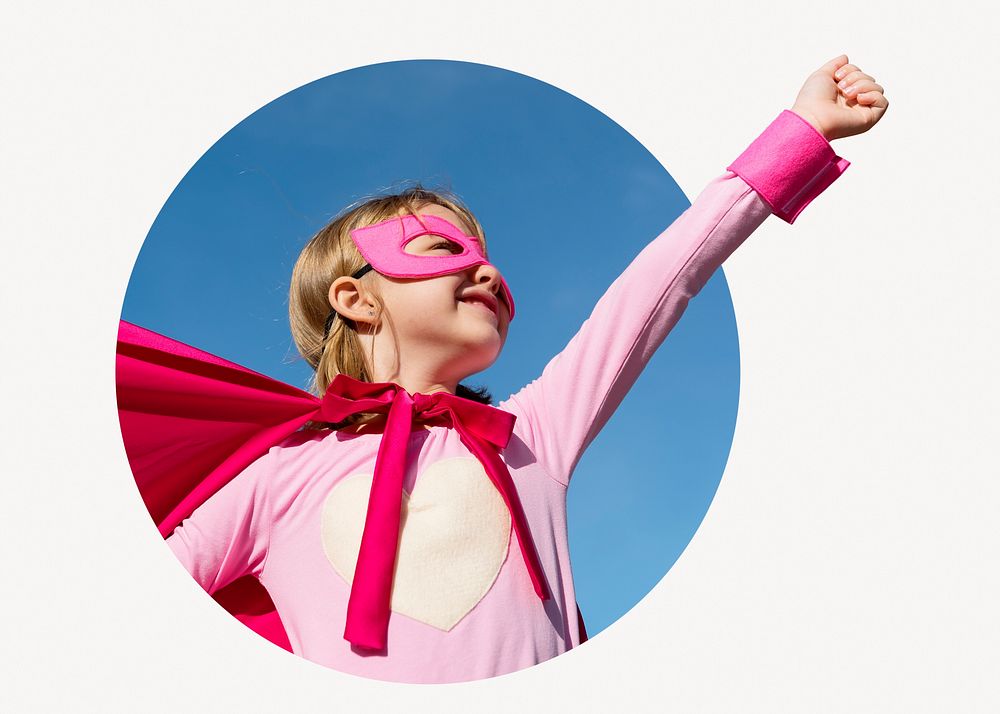 Little girl with superhero pose badge, children's education photo