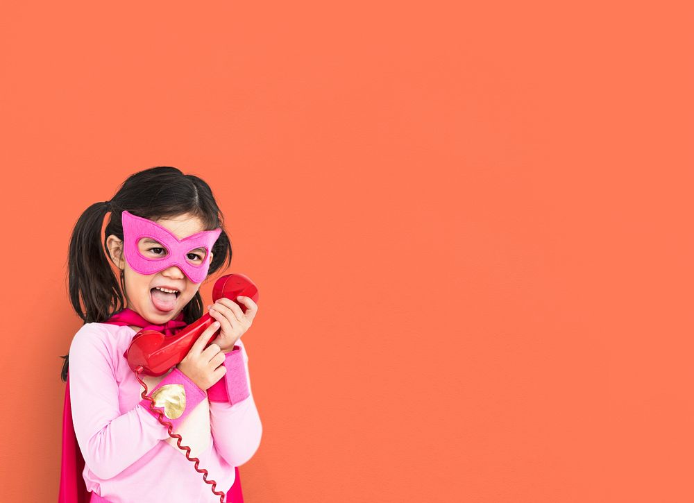 Superhero Girl Smiling Happiness Telephone Communication Portrait