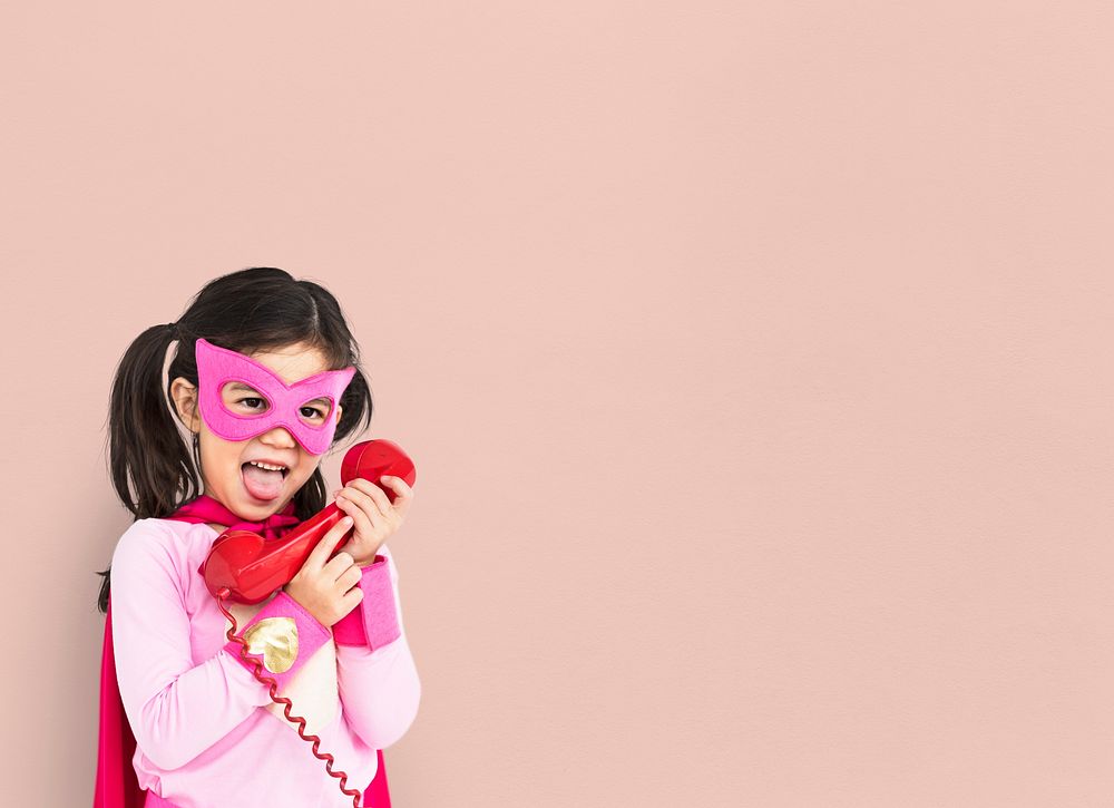 Superhero Girl Smiling Happiness Telephone Communication Portrait