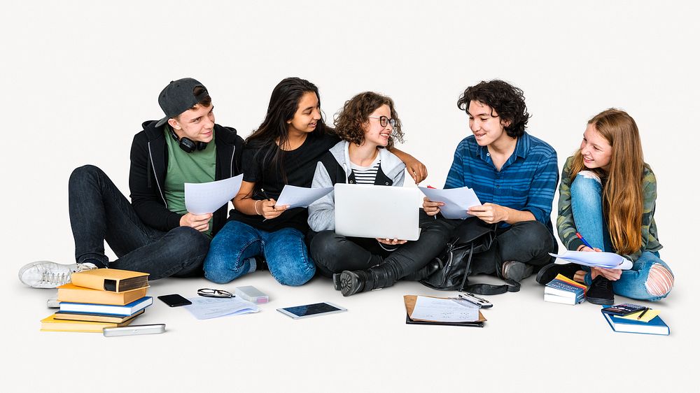 Diverse students working together, isolated on off white