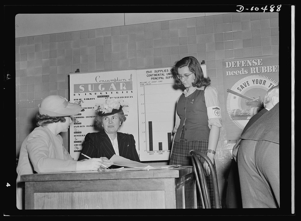 Sugar rationing. Mrs. Henry Wallace, wife of the Vice President, learns how millions of American householders will register…