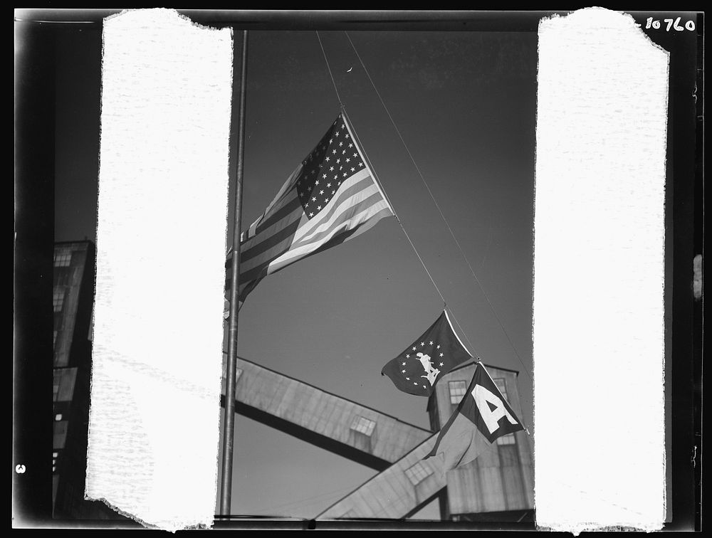 War production drive. Anthracite rallies. Army and U.S. Treasury flags fly alongside the stars and stripes at a Pennsylvania…