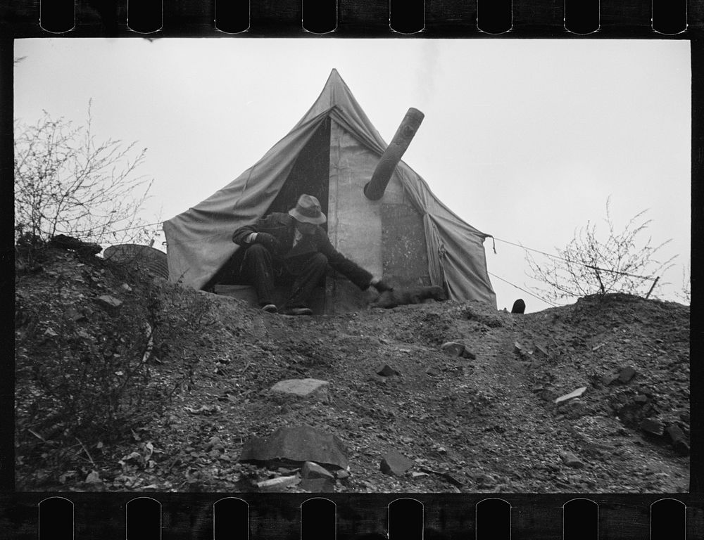 [Untitled photo, possibly related to: Tent squatter, common scenes along the Ohio River, Hamilton County, Ohio]. Sourced…