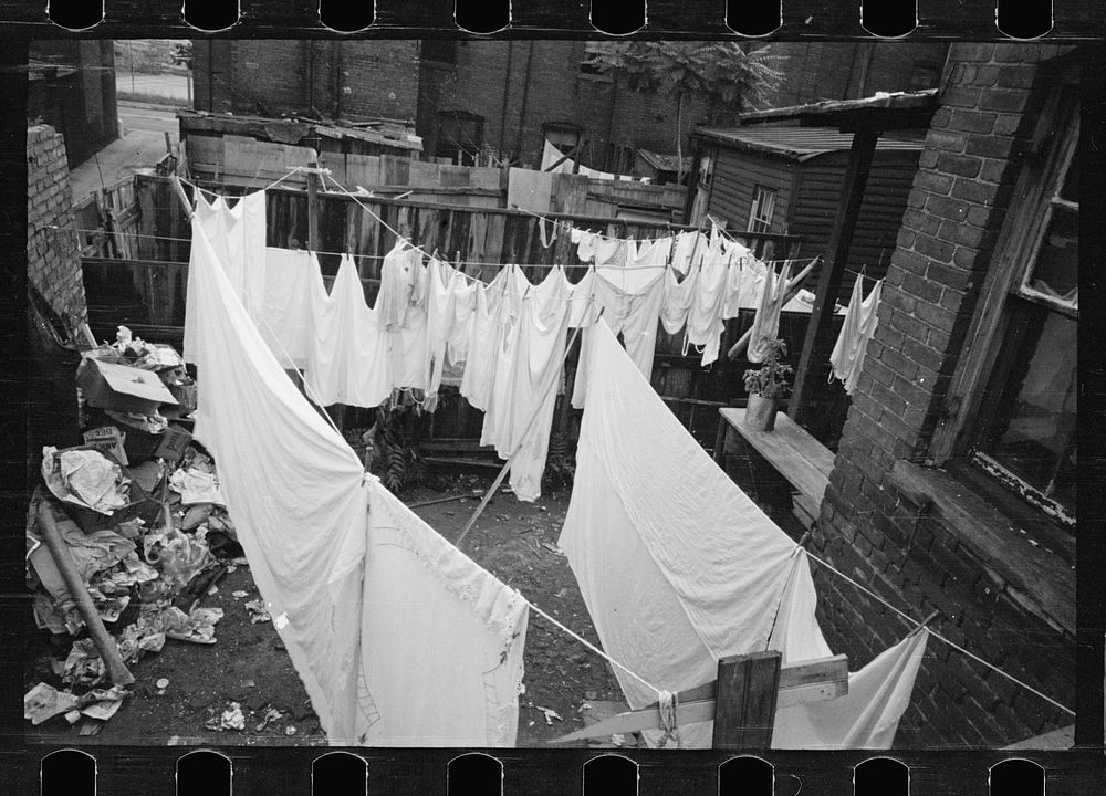 [Untitled photo, possibly related to: The Capitol can be seen in the background of this backyard slum scene, Washington…