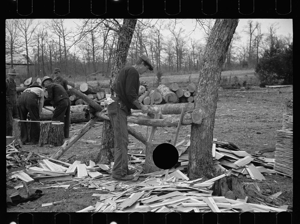 [Untitled photo, possibly related to: Splitting shingles, Wilson Cedar Forest, near Lebanon, Tennessee]. Sourced from the…