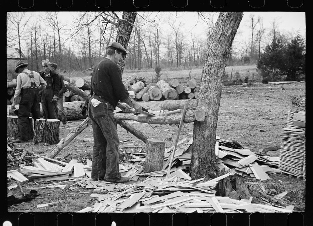 Splitting shingles, Wilson Cedar Forest, near Lebanon, Tennessee. Sourced from the Library of Congress.