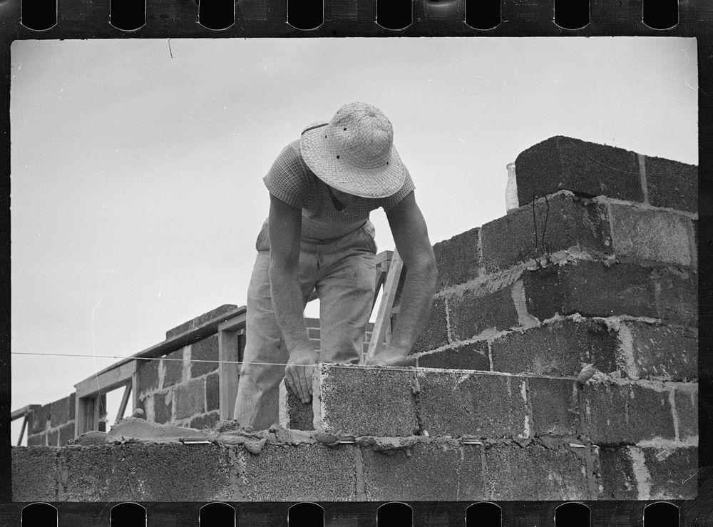 Cinder block construction.  Greenbelt, Maryland. Sourced from the Library of Congress.