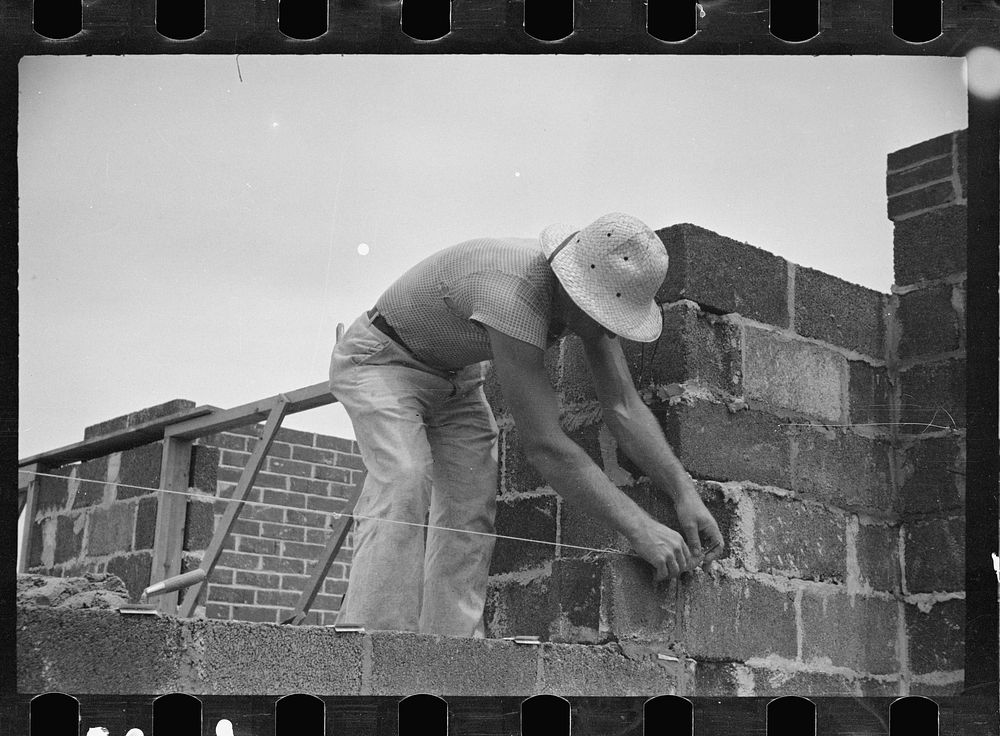 [Untitled photo, possibly related to: Cinder block construction.  Greenbelt, Maryland]. Sourced from the Library of Congress.