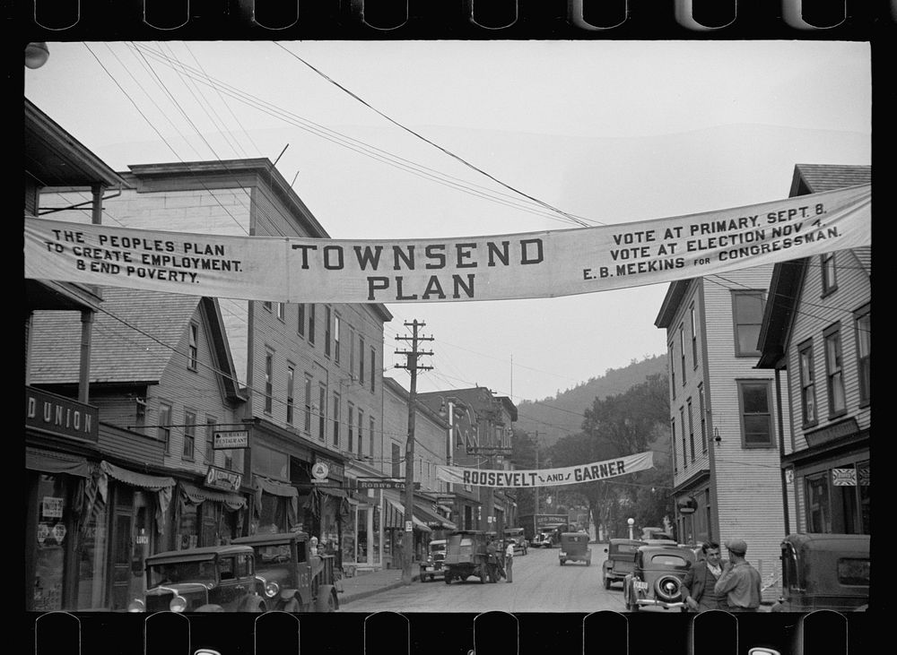 [Untitled photo, possibly related to: Roosevelt banner, Hardwick, Vermont]. Sourced from the Library of Congress.