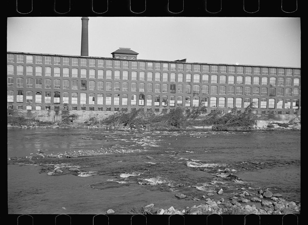 Section of Amoskeag looking east from west bank of river, just north of Granite Street Bridge, Manchester, New Hampshire.…