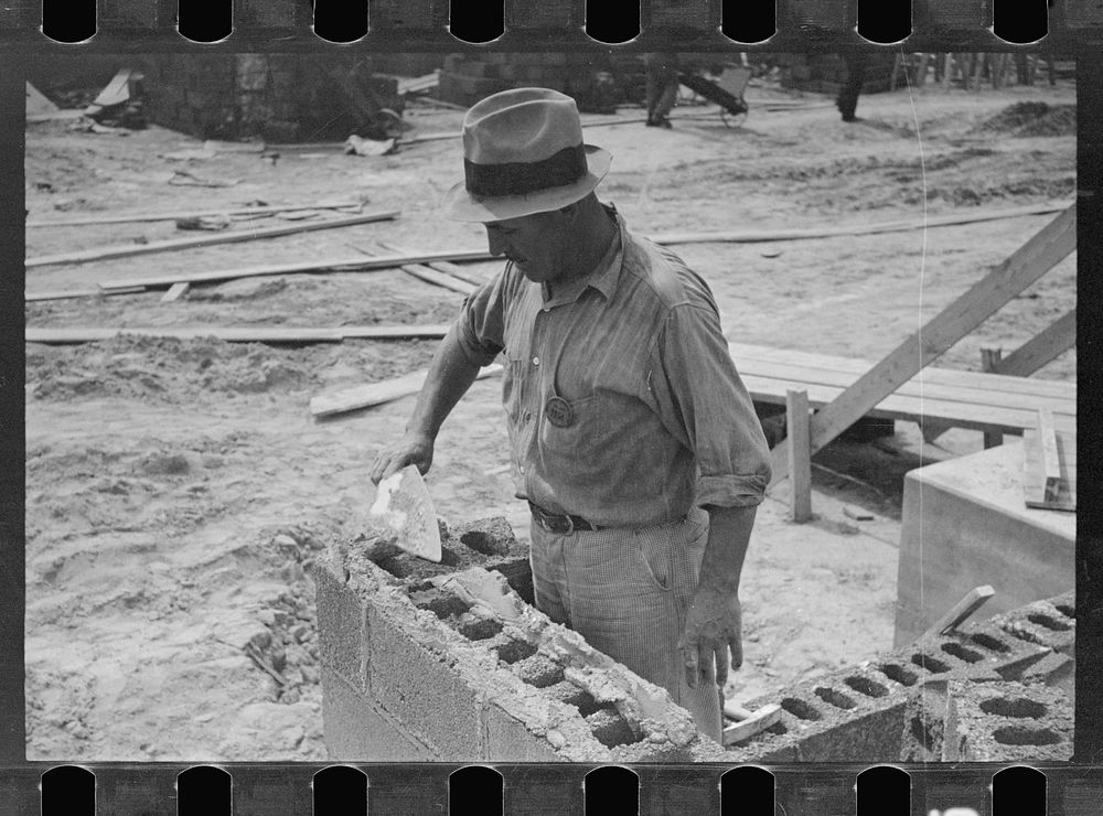 [Untitled photo, possibly related to: Cinder block construction.  Greenbelt, Maryland]. Sourced from the Library of Congress.