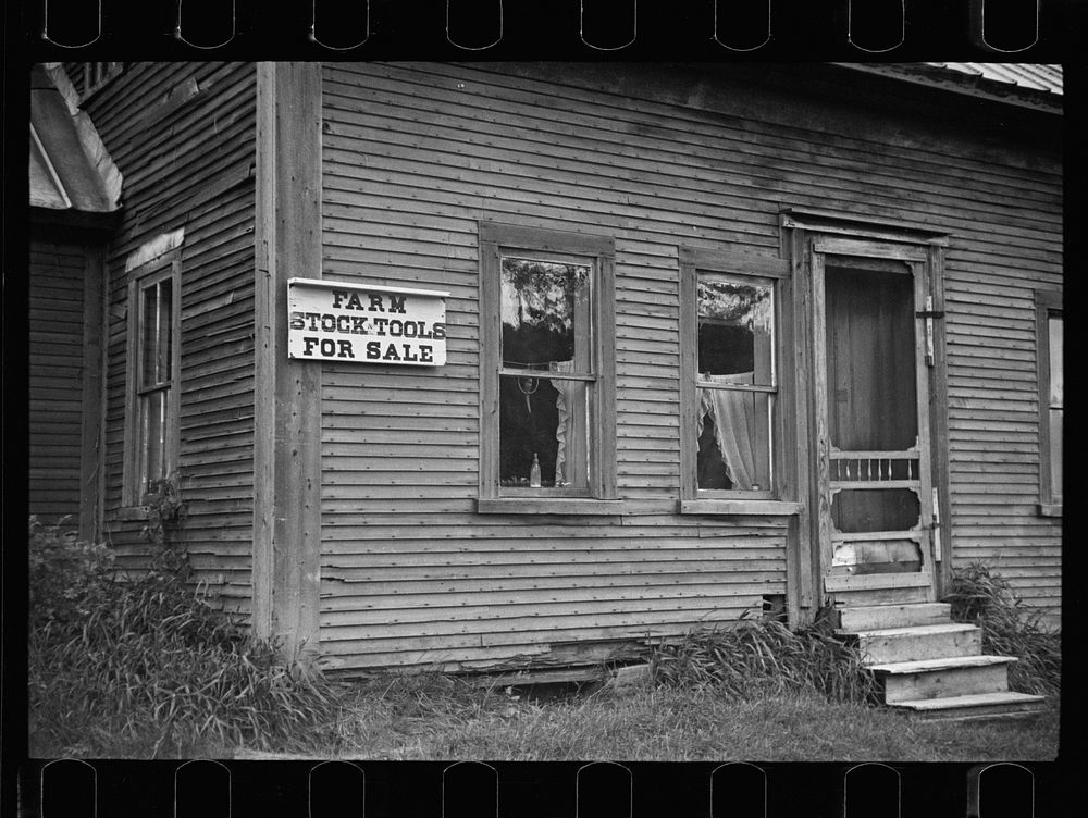 Sign "Farm stock tools for sale" near Troy, Vermont. Sourced from the Library of Congress.