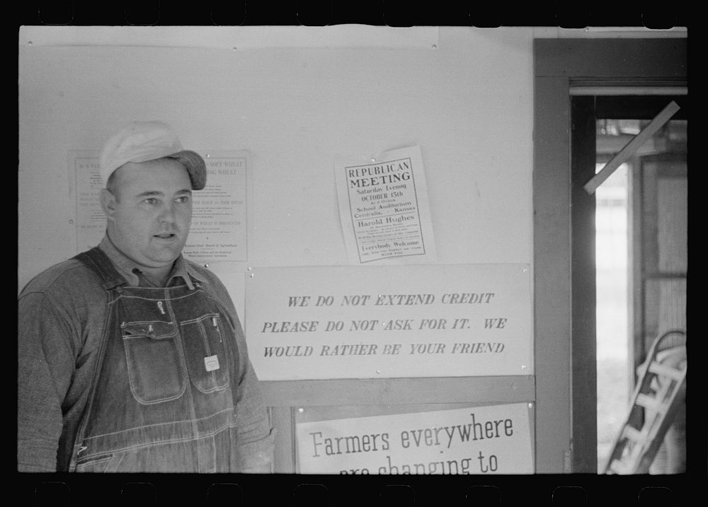 Manager of Farmer's Union Coop elevator in his office. This cooperative received a loan from the FSA (Farm Security…