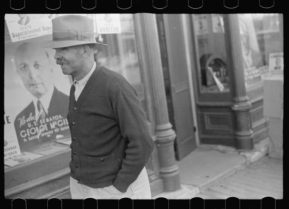 [Untitled photo, possibly related to: Farmer on the street, Minneapolis, Kansas]. Sourced from the Library of Congress.