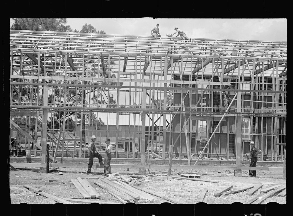 Construction of cooperative gin. Irwinville Farms, Georgia. Sourced from the Library of Congress.
