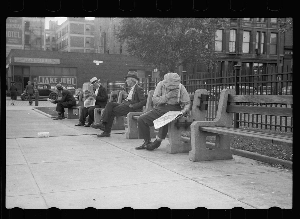 [Untitled photo, possibly related to: Man on park bench, Gateway District, Minneapolis, Minnesota]. Sourced from the Library…