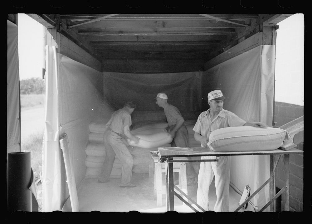 Loading freight car with sacks of flour, Minneapolis, Minnesota. Sourced from the Library of Congress.
