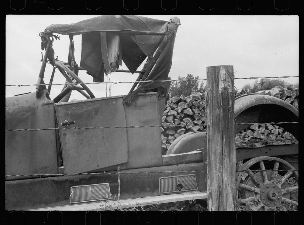 Abandoned automobile on farm, Chippewa County, Wisconsin. Sourced from the Library of Congress.