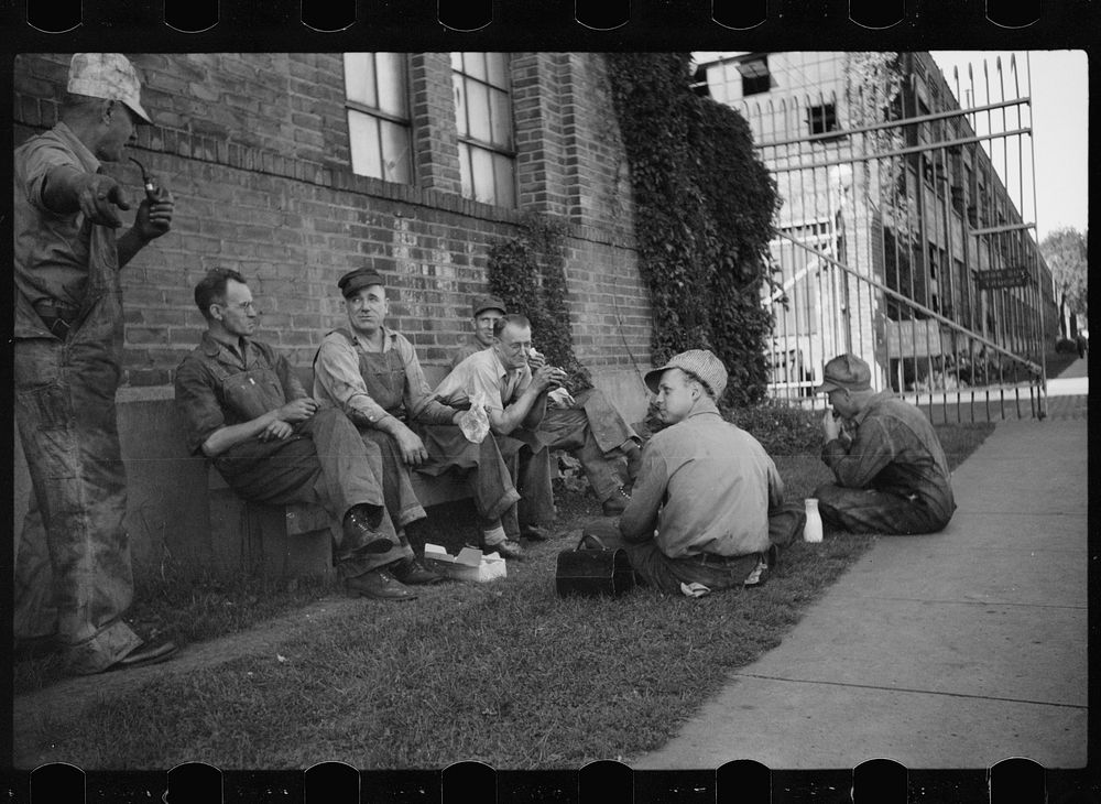 [Untitled photo, possibly related to: Lunch hour, employees of tractor factory, Minneapolis, Minnesota]. Sourced from the…