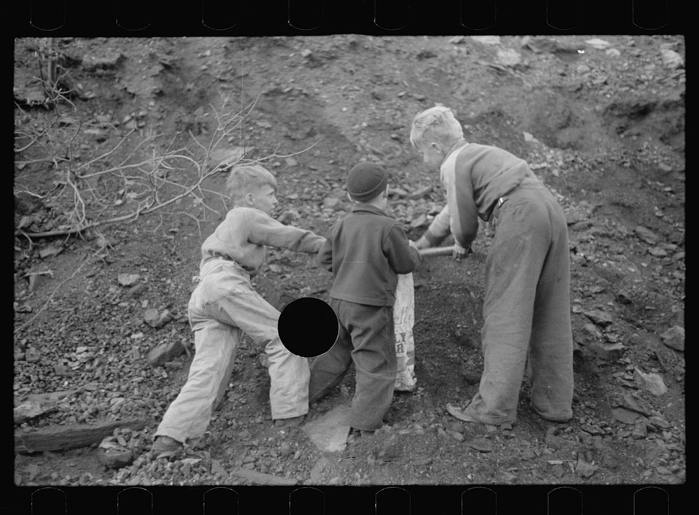 [Untitled photo, possibly related to: Miner's sons salvaging coal during May 1939 strike, Kempton, West Virginia]. Sourced…