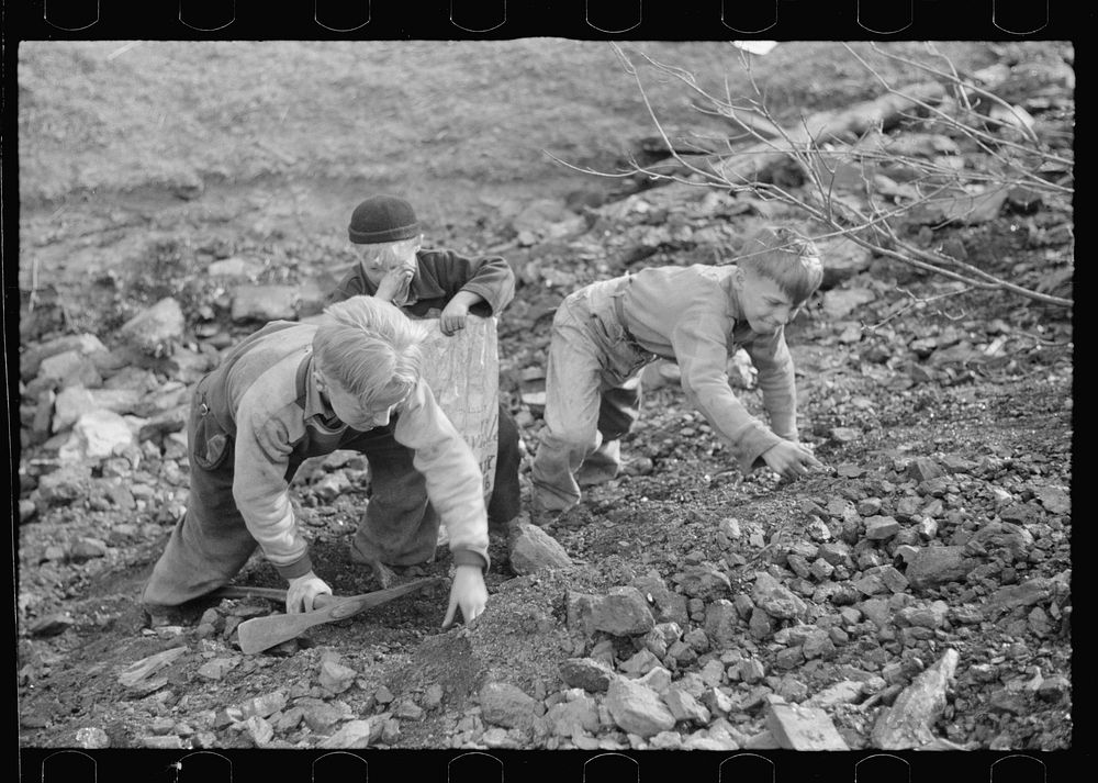 Miner's sons salvaging coal during May 1939 strike, Kempton, West Virginia. Sourced from the Library of Congress.