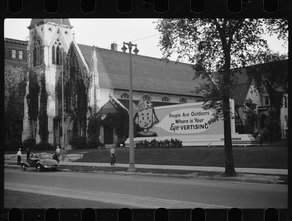 Church and signboard, Milwaukee, Wisconsin. Sourced from the Library of Congress.