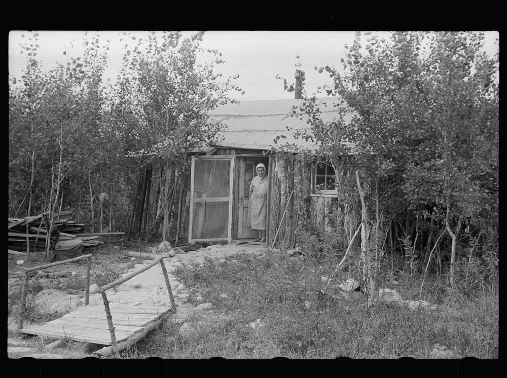 [Untitled photo, possibly related to: Mrs. Howard, who lives with her daughter in one-room cabin they built themselves…