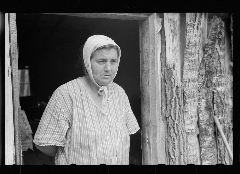 Mrs. Howard, who lives with her daughter in one-room cabin they built themselves, Aitkin County, Minnesota. Sourced from the…